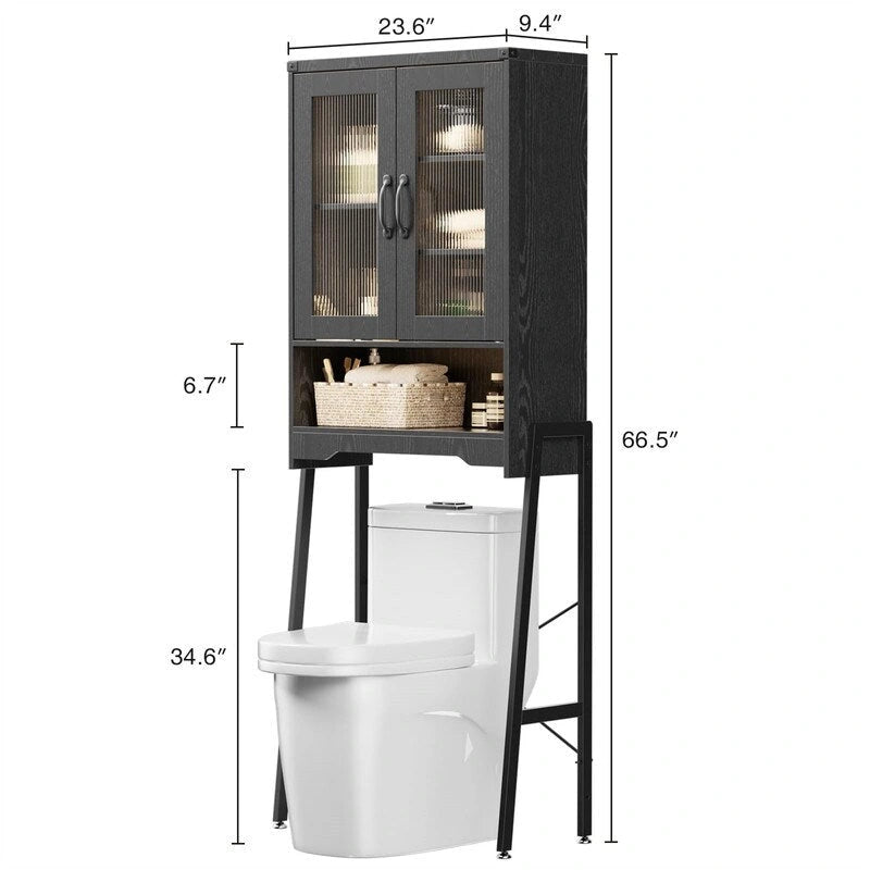 Over-the-Toilet Storage Cabinet with Tempered Glass Doors - 9.4 D x 23.6 W x 66.5 H