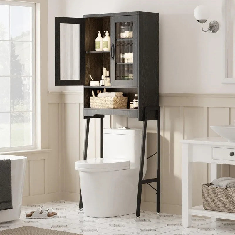 Over-the-Toilet Storage Cabinet with Tempered Glass Doors - 9.4 D x 23.6 W x 66.5 H