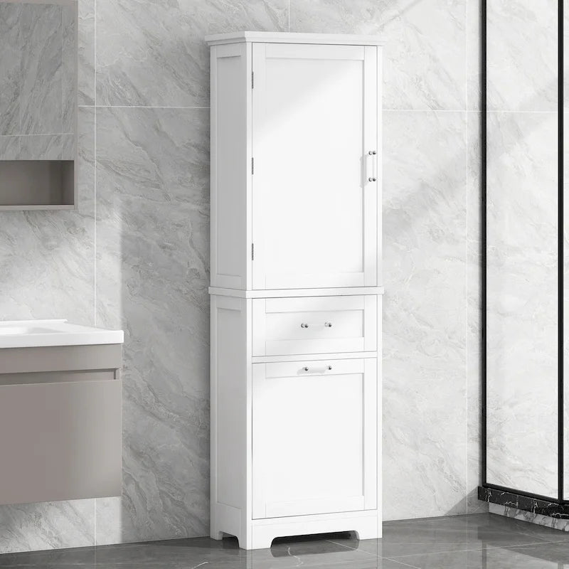 68-Meuble de salle de bain en bois grand blanc avec 1 porte, tiroirs et étagère réglable