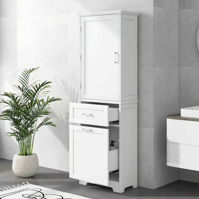 68-Meuble de salle de bain en bois grand blanc avec 1 porte, tiroirs et étagère réglable