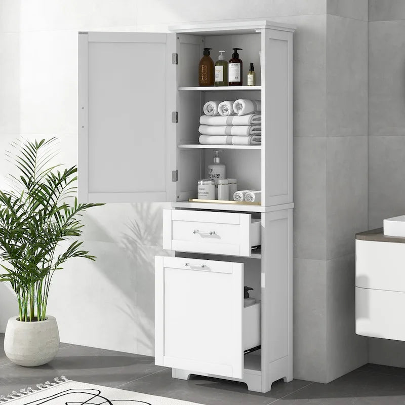 68-Meuble de salle de bain en bois grand blanc avec 1 porte, tiroirs et étagère réglable
