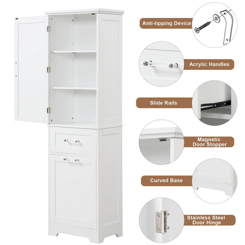 68-Meuble de salle de bain en bois grand blanc avec 1 porte, tiroirs et étagère réglable
