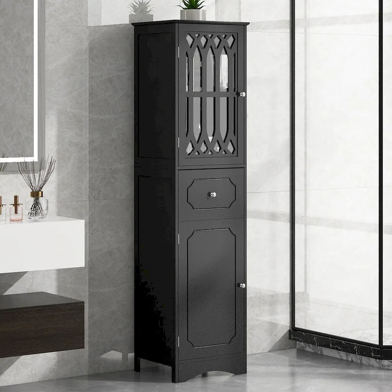 Meuble de rangement de salle de bain autoportant avec tiroir, portes et étagère réglable