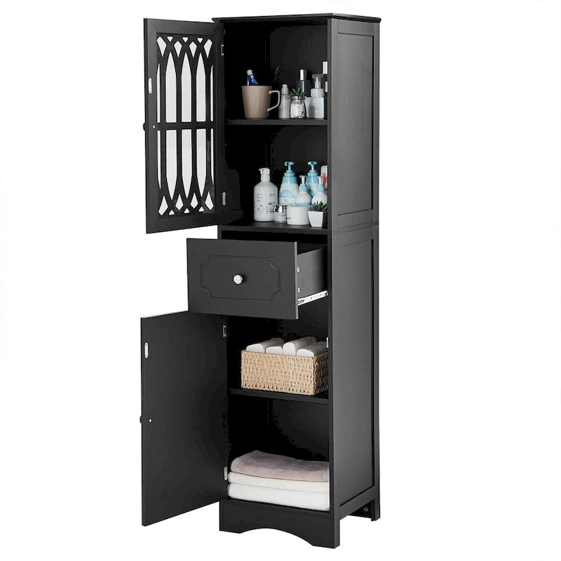 Meuble de rangement de salle de bain autoportant avec tiroir, portes et étagère réglable