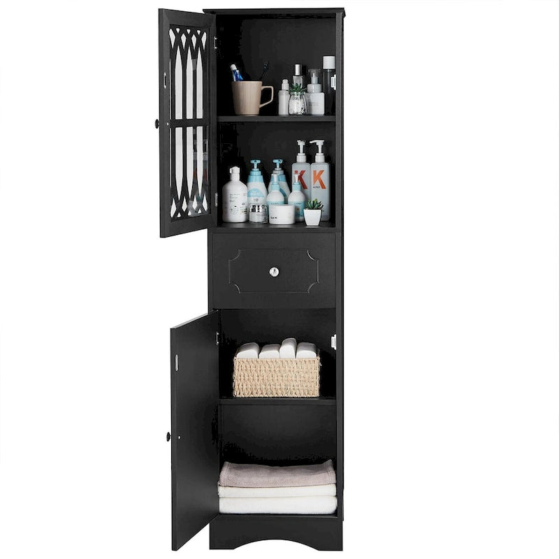 Meuble de rangement de salle de bain autoportant avec tiroir, portes et étagère réglable