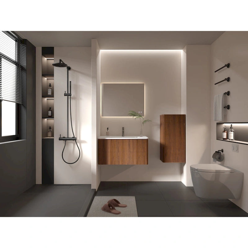 Meuble d'appoint mural suspendu en noyer rayé pour salle de bain