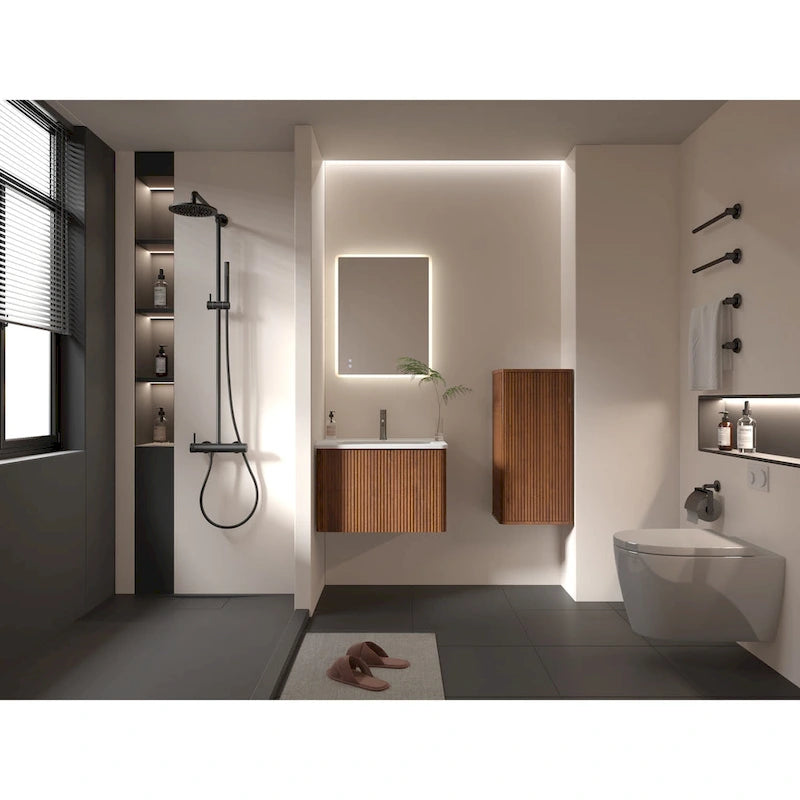 Meuble d'appoint mural suspendu en noyer rayé pour salle de bain