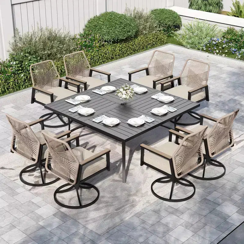 Captiva Designs 9pc Outdoor Slat-top Square Metal Dining Table and Thick Cushion Swivel Wicker Chairs