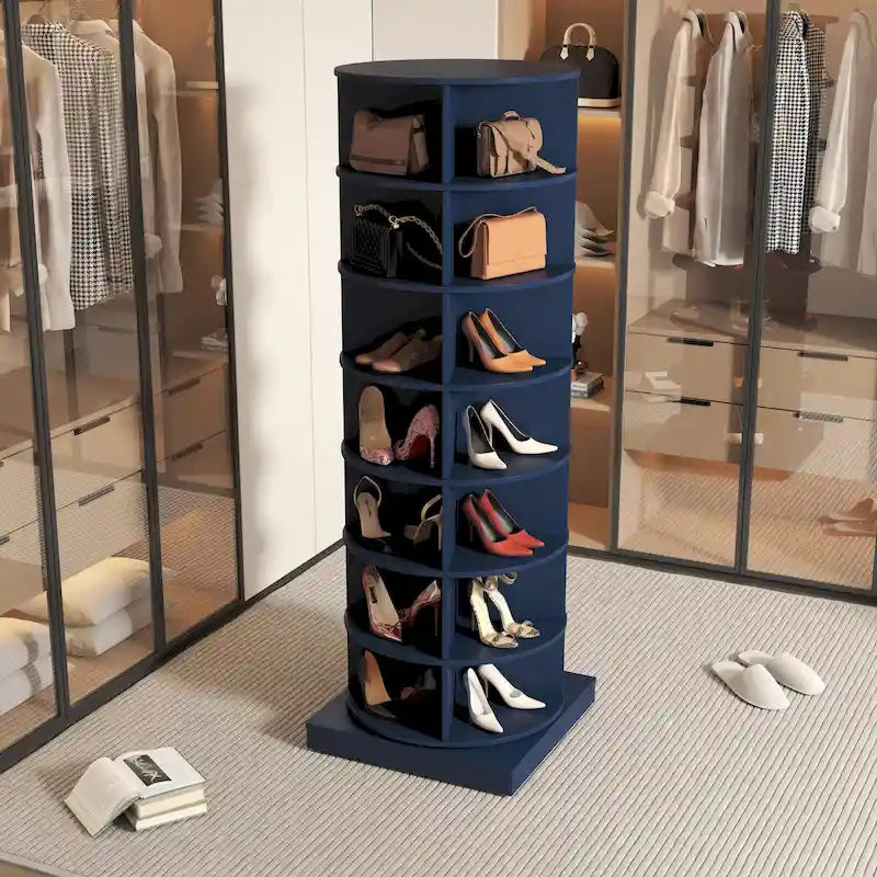 Meuble à chaussures rotatif bleu à 360° avec 7 étagères pour salon