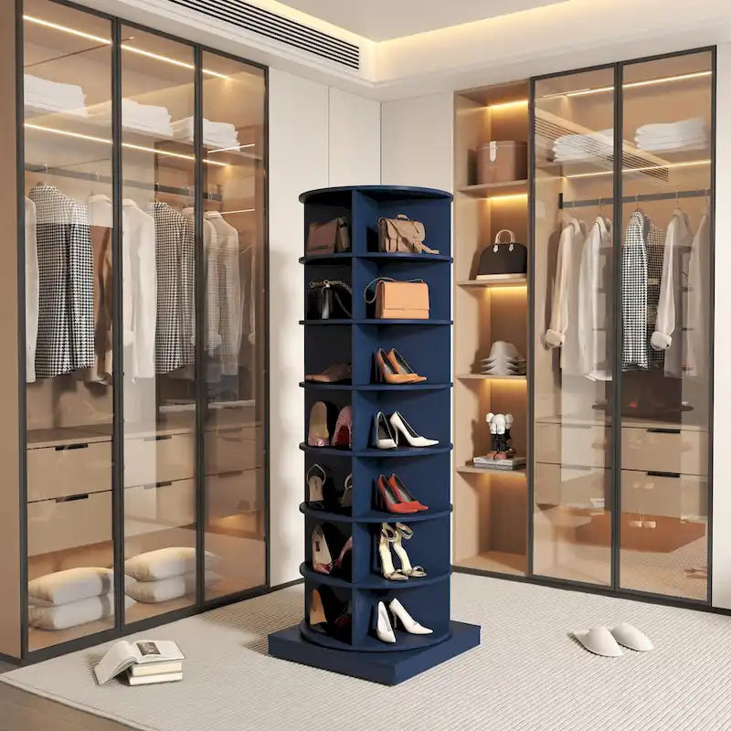 Meuble à chaussures rotatif bleu à 360° avec 7 étagères pour salon