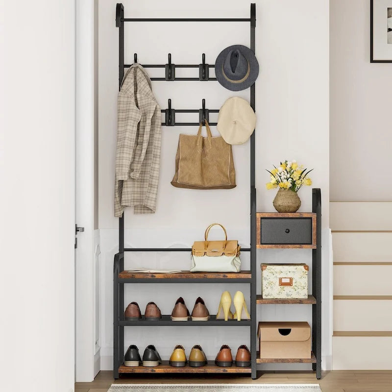 Banc de rangement pour entrée avec tiroir de rangement et portemanteau intégré