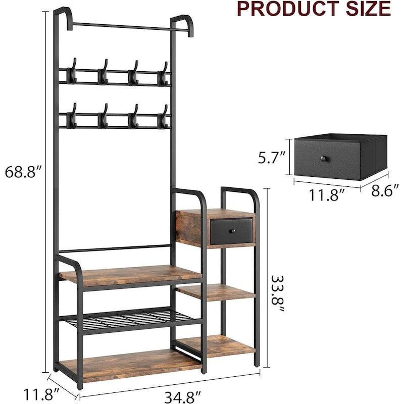 Banc de rangement pour entrée avec tiroir de rangement et portemanteau intégré