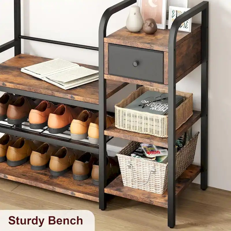 Banc de rangement pour entrée avec tiroir de rangement et portemanteau intégré