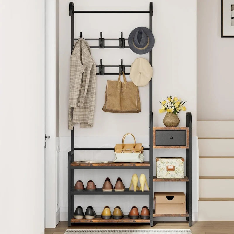Banc de rangement pour entrée avec tiroir de rangement et portemanteau intégré