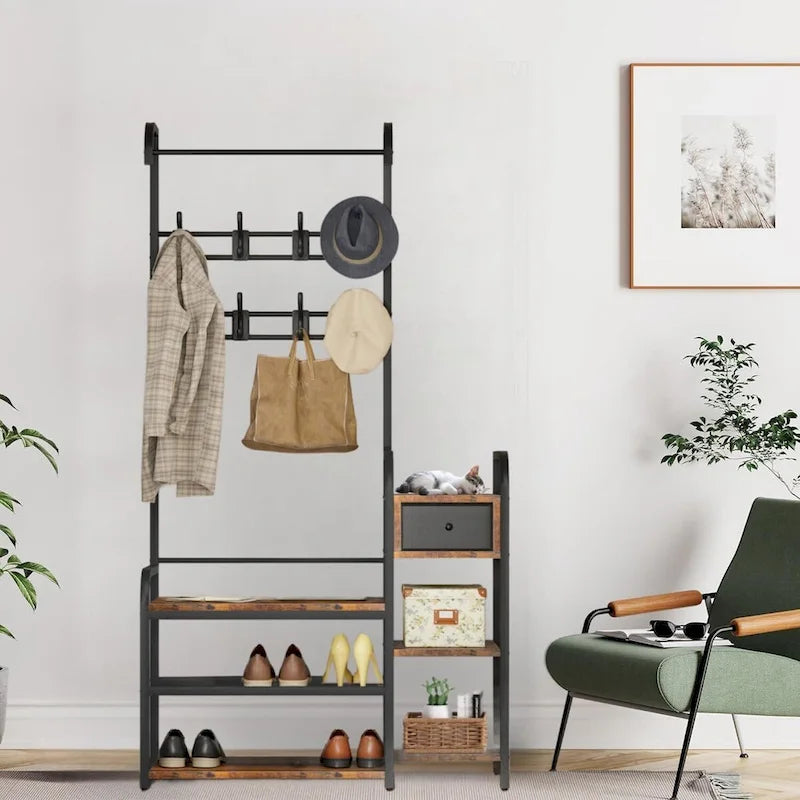 Banc de rangement pour entrée avec tiroir de rangement et portemanteau intégré
