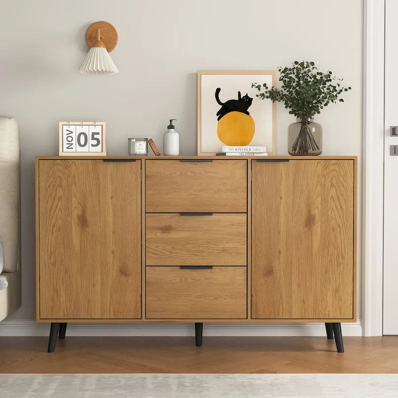 Bahut buffet avec 3 tiroirs et 2 portes, Naturel