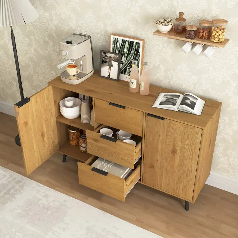 Bahut buffet avec 3 tiroirs et 2 portes, Naturel
