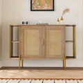 Buffet courbé 2 portes avec plateau doré et portes en rotin tressé