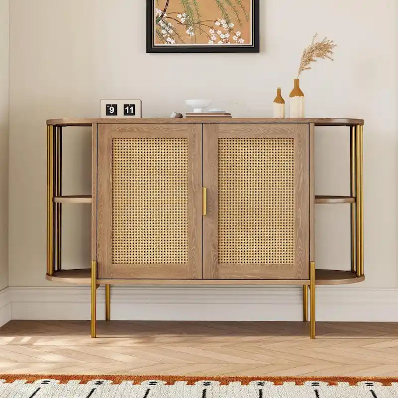 Buffet courbé 2 portes avec plateau doré et portes en rotin tressé