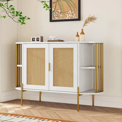 2-Door Curved Dining Cabinet with Gold Trim and Woven Rattan Doors