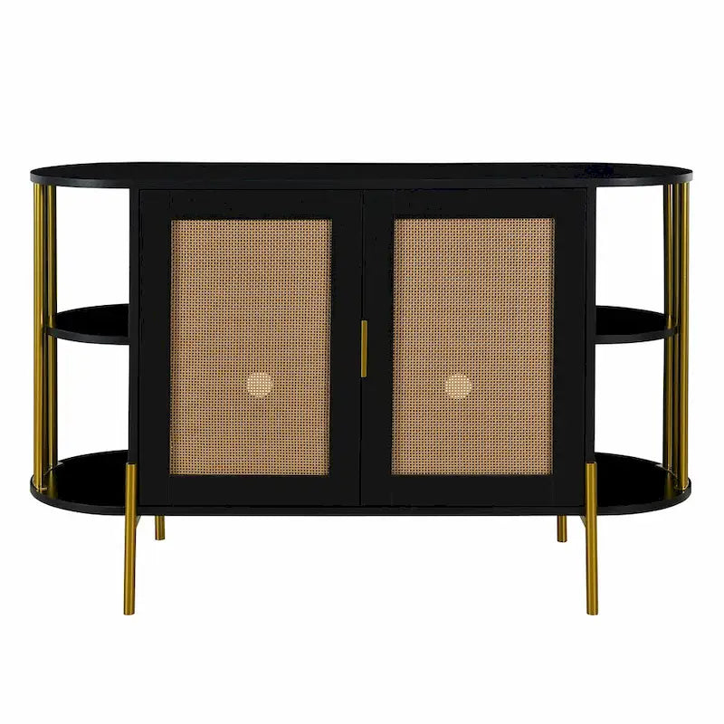 Buffet courbé 2 portes avec plateau doré et portes en rotin tressé