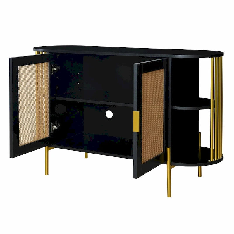 Buffet courbé 2 portes avec plateau doré et portes en rotin tressé