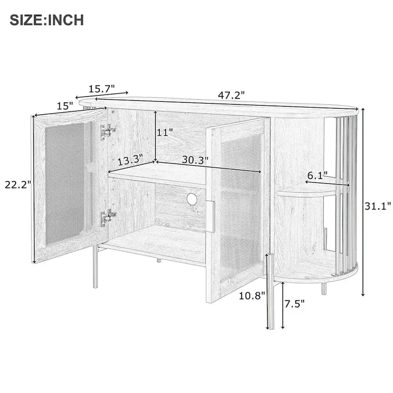 Buffet courbé 2 portes avec plateau doré et portes en rotin tressé