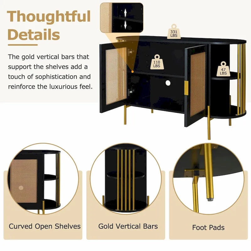 Buffet courbé 2 portes avec plateau doré et portes en rotin tressé