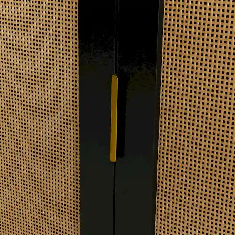 Buffet courbé 2 portes avec plateau doré et portes en rotin tressé