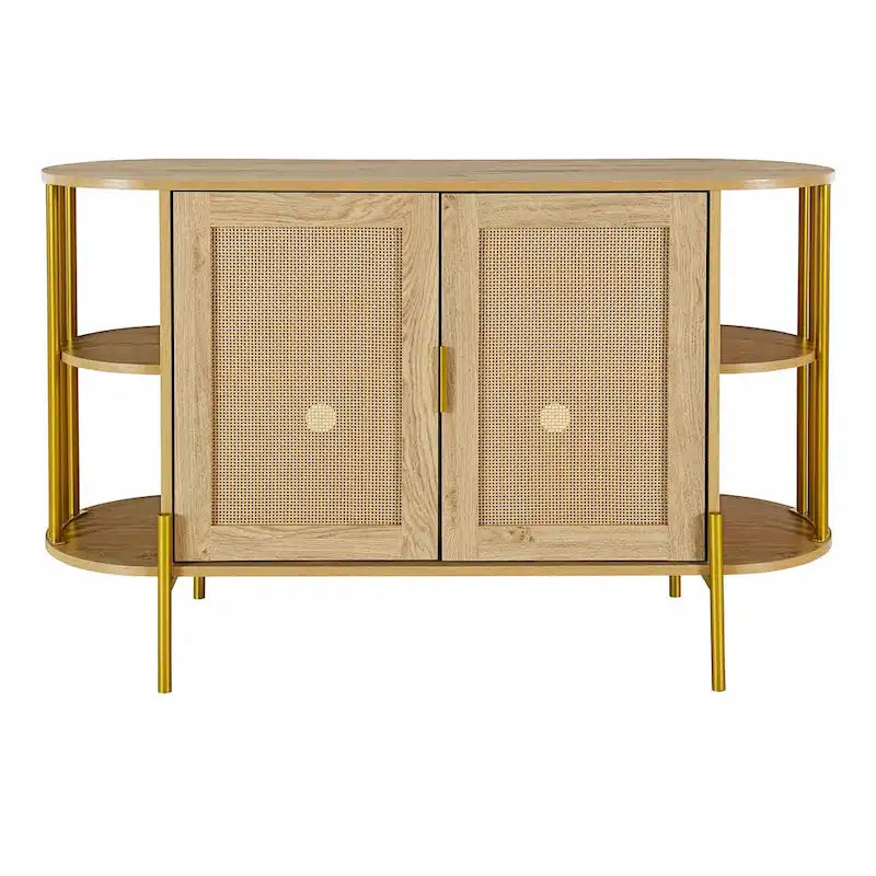 Buffet courbé 2 portes avec plateau doré et portes en rotin tressé
