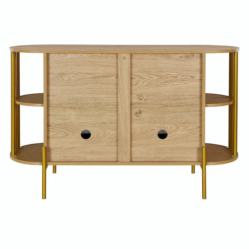 Buffet courbé 2 portes avec plateau doré et portes en rotin tressé