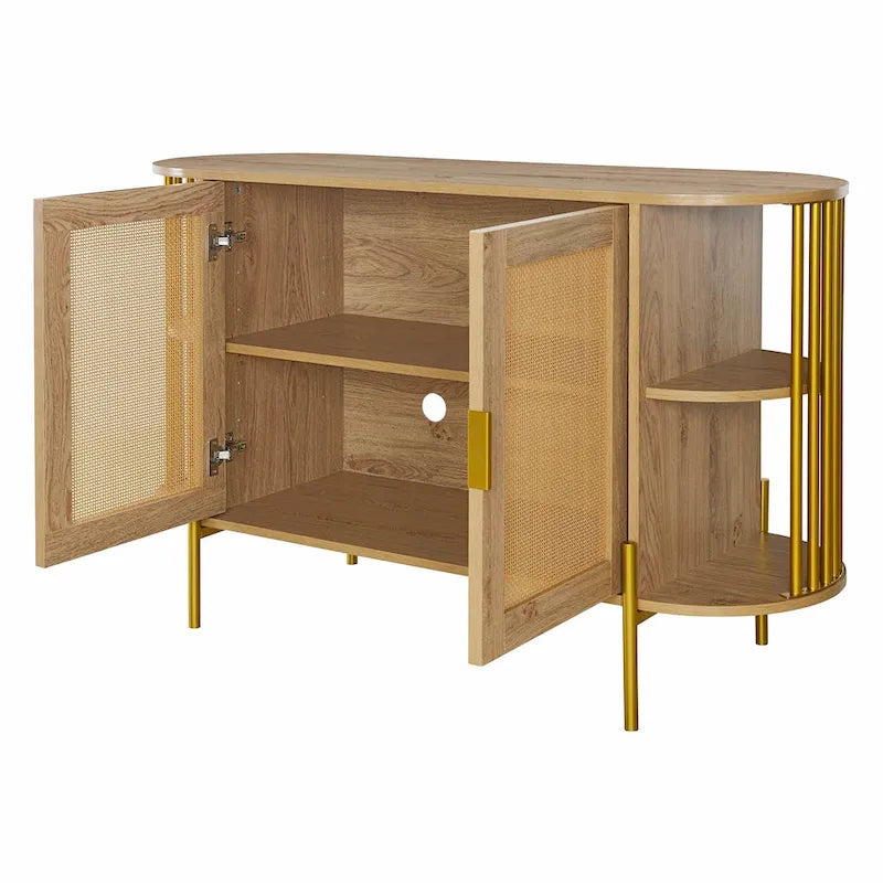 Buffet courbé 2 portes avec plateau doré et portes en rotin tressé