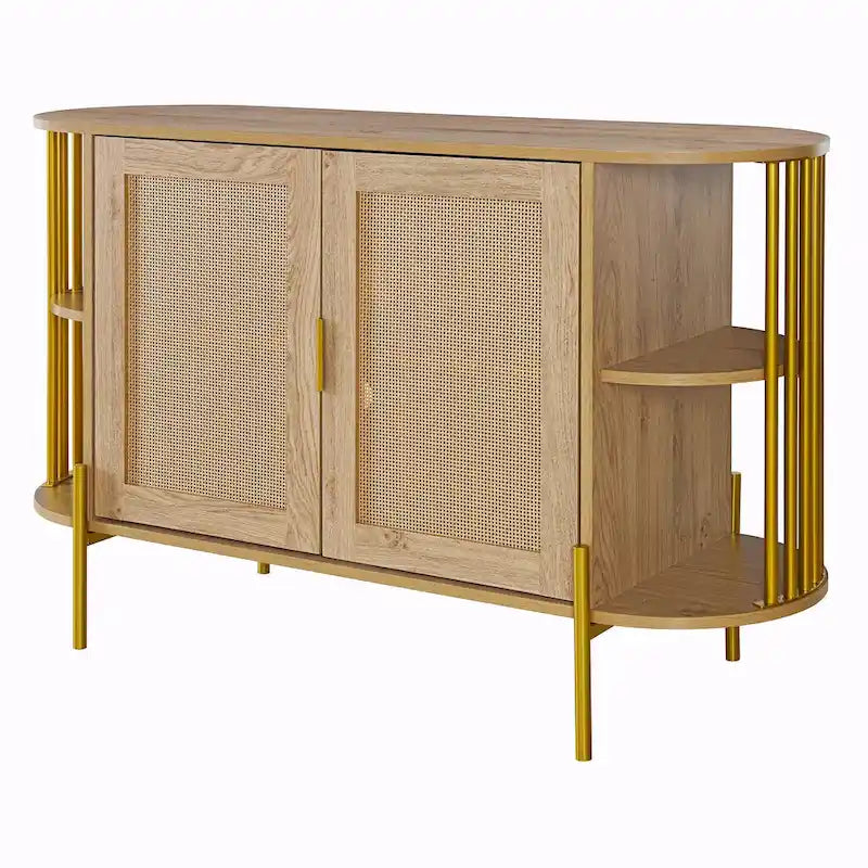 Buffet courbé 2 portes avec plateau doré et portes en rotin tressé