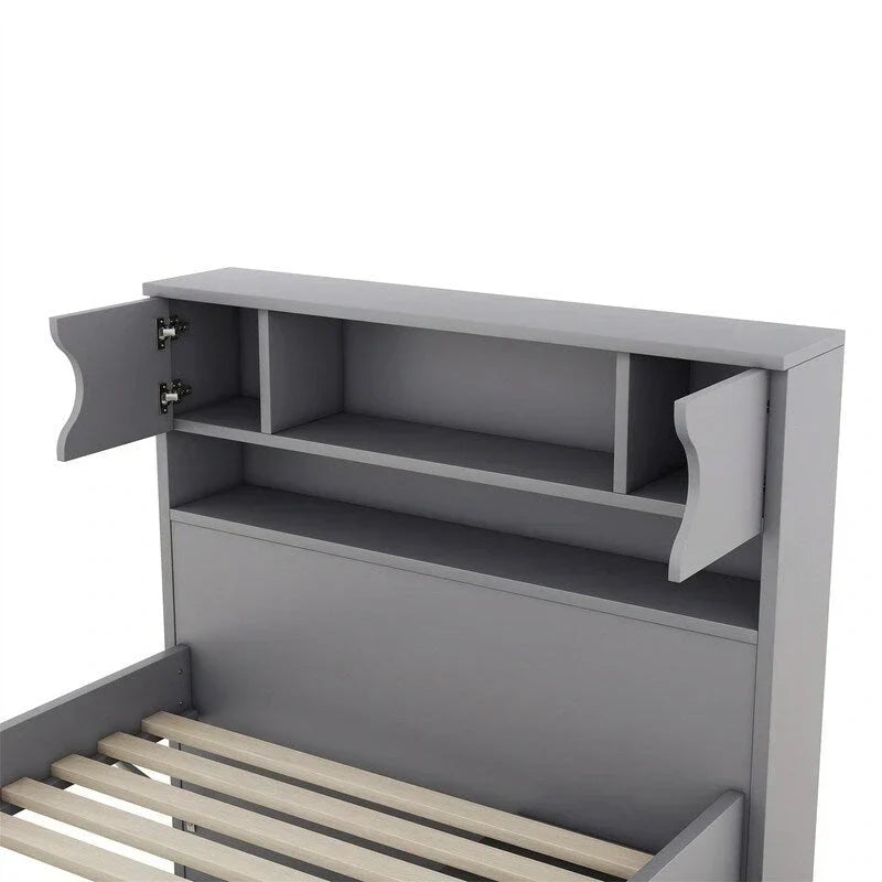 Twin/Full Size Captain Platform Bed with 4 Drawers and Storage Shelves, Solid Wood Bed Frame with Storage Bookcase Headboard