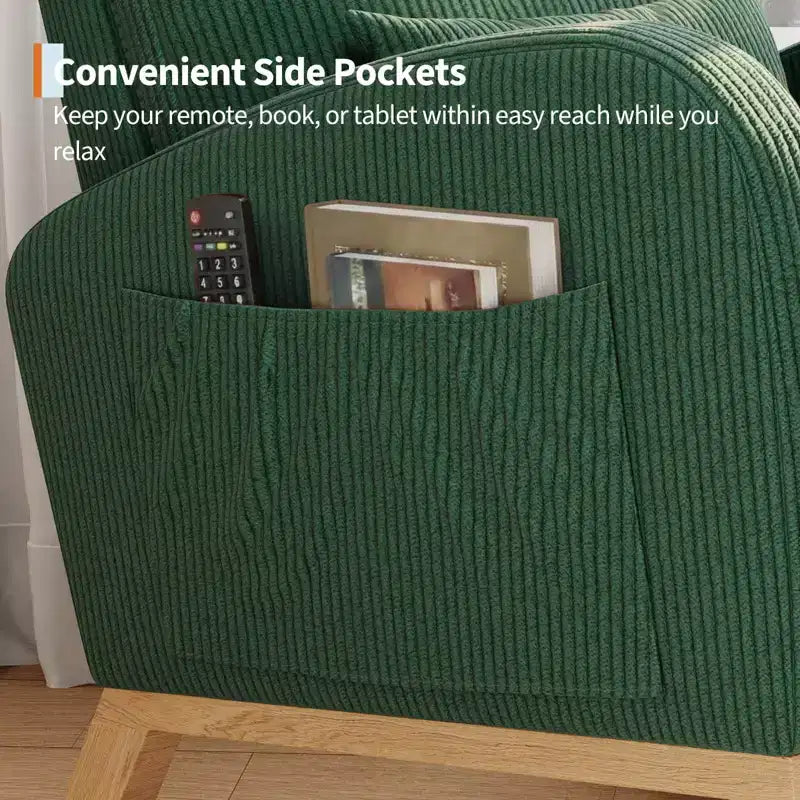 Fauteuil à bascule moderne avec oreiller et poches latérales, pour salon, chambre à coucher