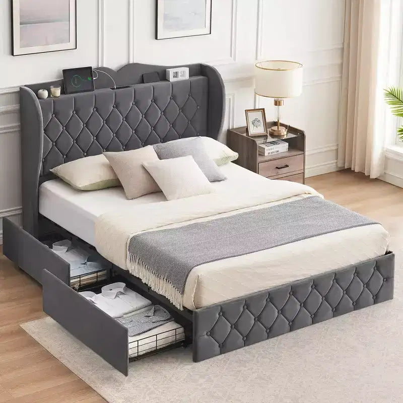 Bed Frame with 4 Storage Drawers and Charging Station, Velvet Button Tufted Upholstered Platform Bed with Tall Headboard and Storage Shelf
