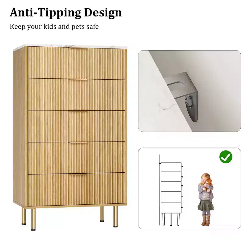 White / Marble & Wood 5-Drawer Dresser ¨C Fluted Panel, for 1 Person Use