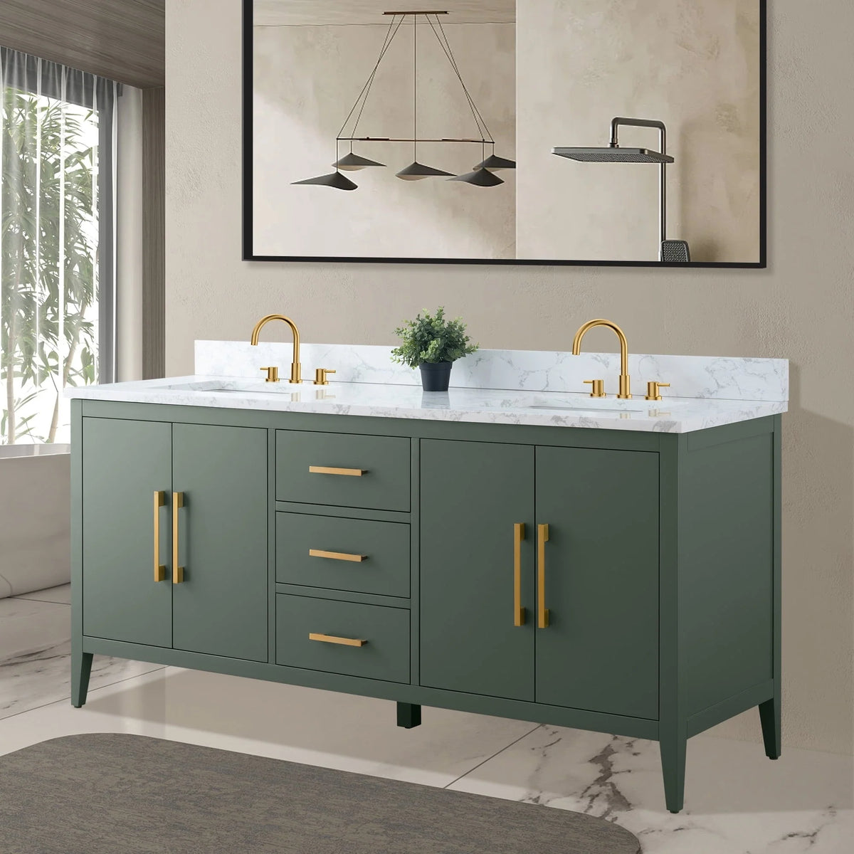 Vanity Art 72 Double Sink Bathroom Vanity Cabinet with Engineered Marble Top