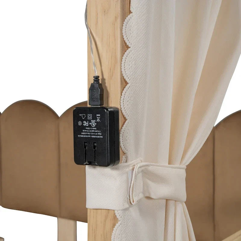 Lit plateforme Montessori au sol en bois massif, style maisonnette avec toit arqué et lit gigogne, pour filles et garçons
