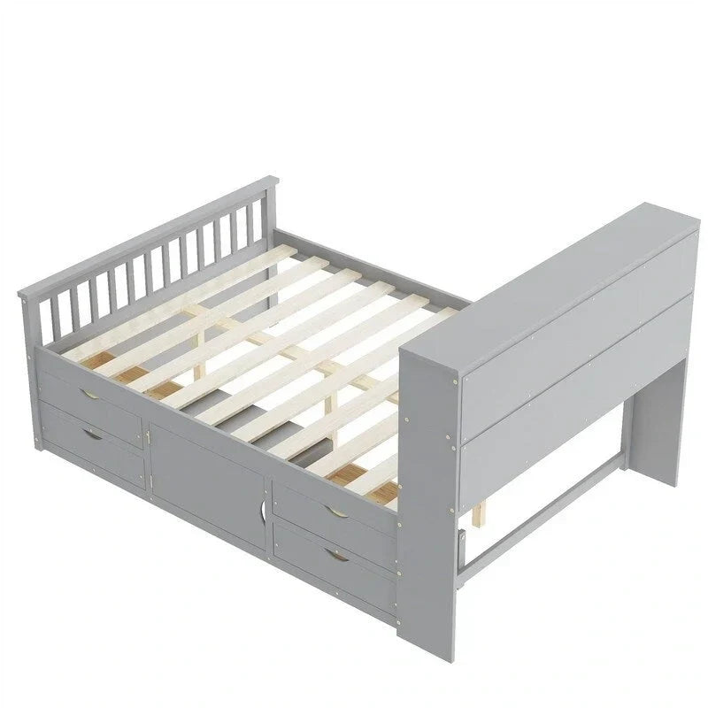 Twin/Full Size Captain Platform Bed with 4 Drawers and Storage Shelves, Solid Wood Bed Frame with Storage Bookcase Headboard