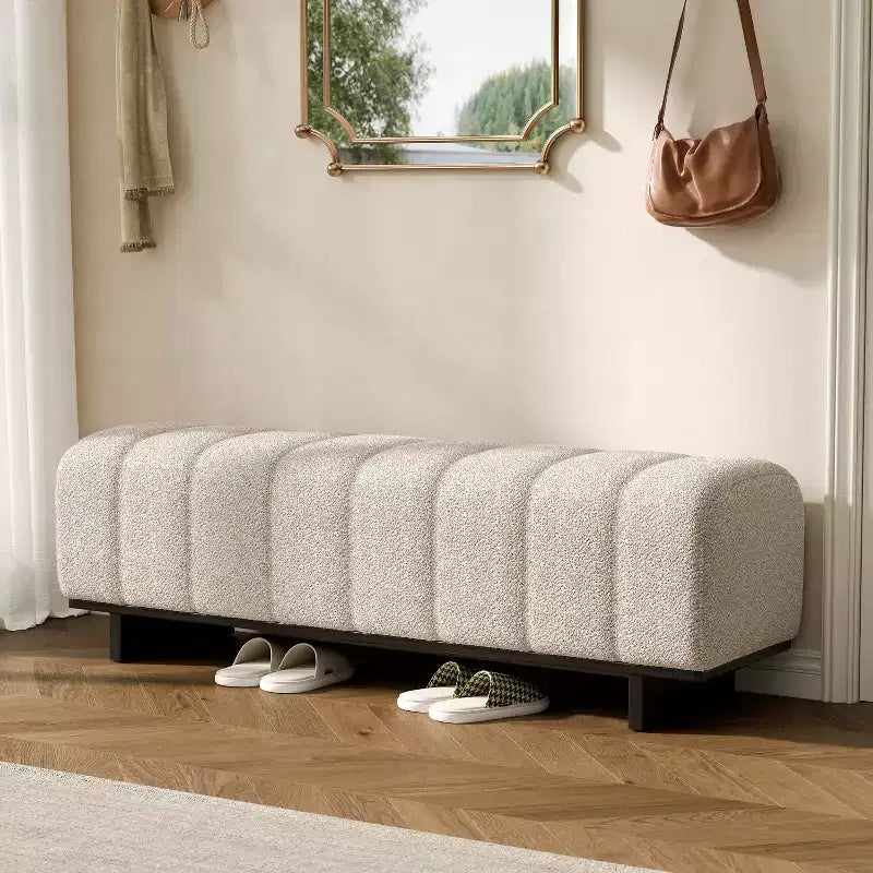 Banc de salle à manger moderne en fausse fourrure capitonnée avec pieds en bois d'hévéa, 63,62