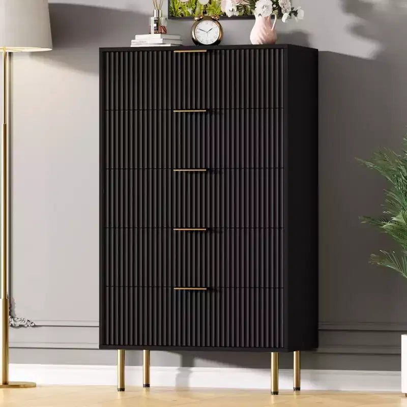 White / Marble & Wood 5-Drawer Dresser ¨C Fluted Panel, for 1 Person Use
