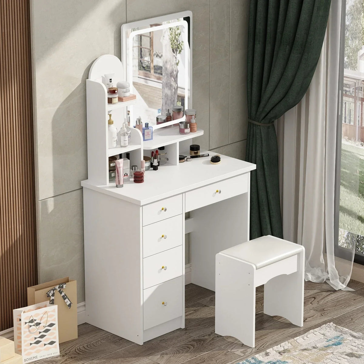 Coiffeuse avec éclairage LED, miroir et tabouret