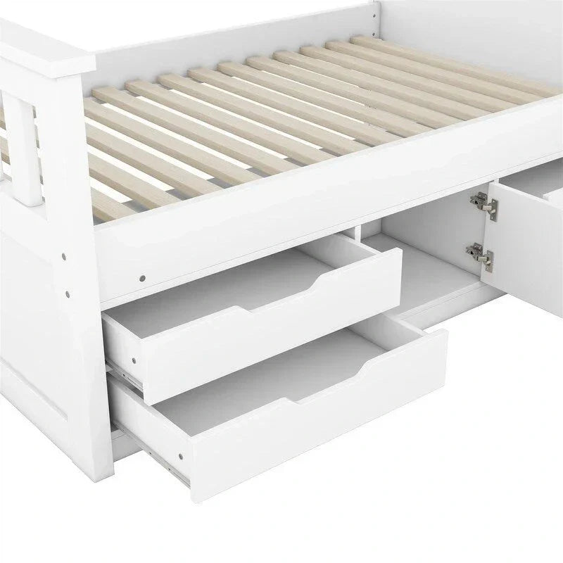 Twin/Full Size Captain Platform Bed with 4 Drawers and Storage Shelves, Solid Wood Bed Frame with Storage Bookcase Headboard