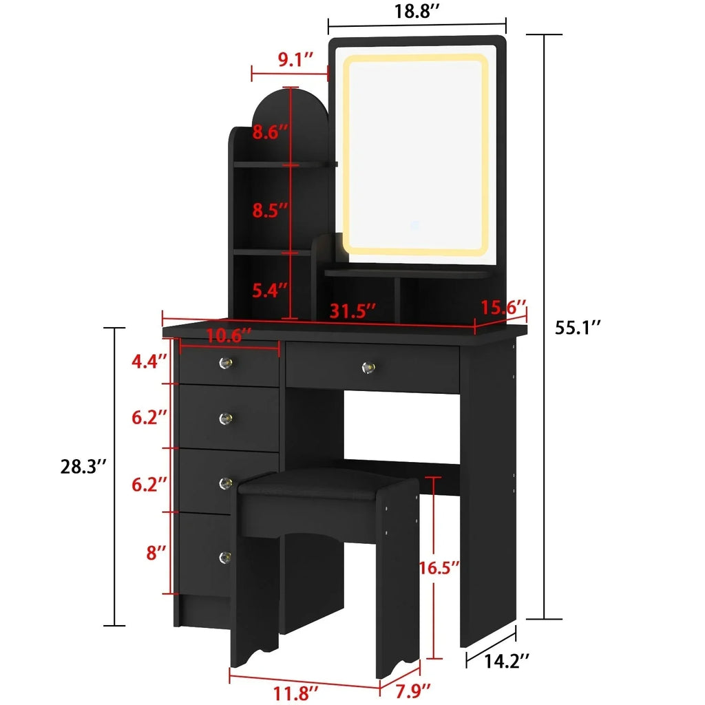 Coiffeuse avec éclairage LED, miroir et tabouret