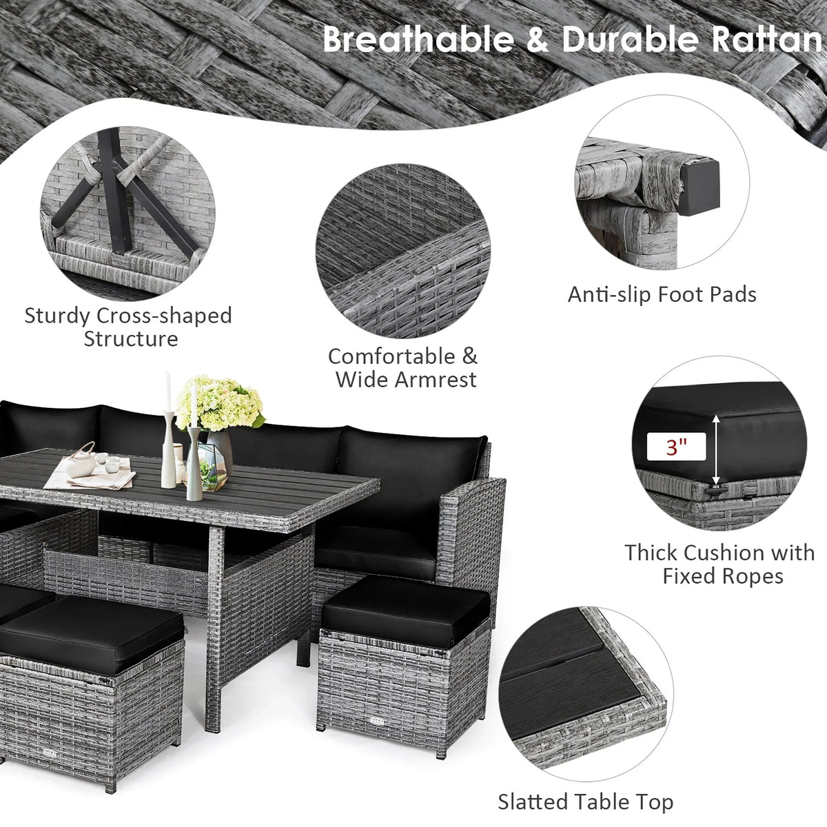 Costway 7 PCS Patio Rattan Dining Set Sectional Sofa Couch Ottoman - See Details