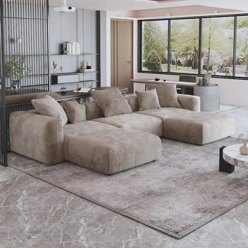 Canapé d’angle modulable 141,73, canapé en velours côtelé en U avec poufs