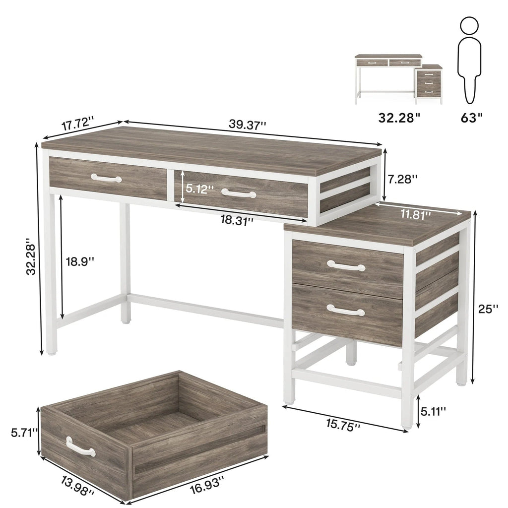 Bureau d'ordinateur réversible avec 5 tiroirs, bureau de travail à domicile avec caisson de rangement pour dossiers et support pour imprimante