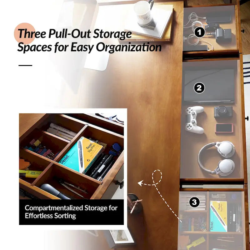 Eugenia Mid-century Office Desk with Drawer Divider&Cable Management&Charging Station by HULALA HOME