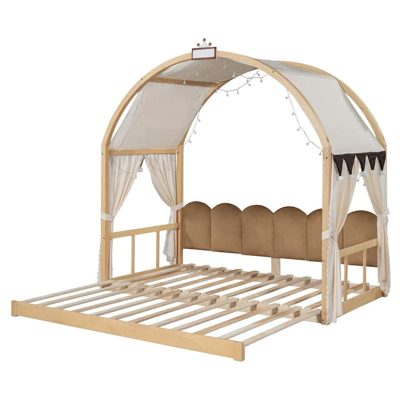 Lit plateforme Montessori au sol en bois massif, style maisonnette avec toit arqué et lit gigogne, pour filles et garçons